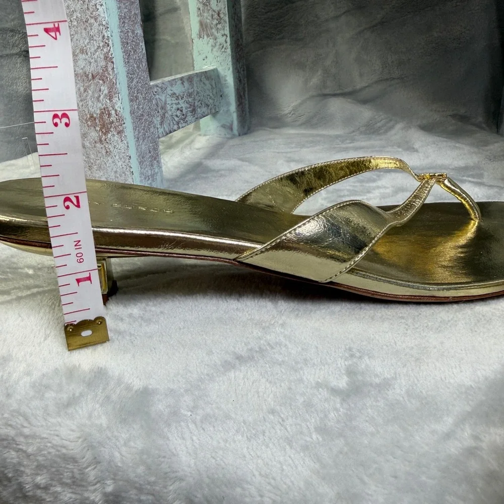 Tory Burch Capri Metallic Kitten-Heel Thong Sandals Womens 10 Gold Leather Logo